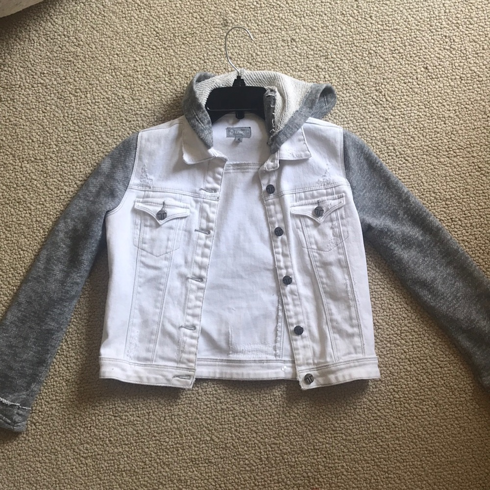 White denim jean jacket with comfy grey sleeves
